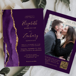 Lila Gold Achat Pflaume Foto QR Code Hochzeit Einladung