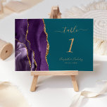 Lila Gold Agate Aquamarin Wedding Tischnummer<br><div class="desc">Der links Rand dieser eleganten,  modernen Hochzeitskarte mit einer lila Aquarellgrenze,  die mit Imitaten vergoldetem Glitzer bestickt ist. Der anpassbare Text kombiniert goldfarbene Handschriften mit kursiven und kopperplate-Schriftart auf aquamarinem blauen Hintergrund.</div>