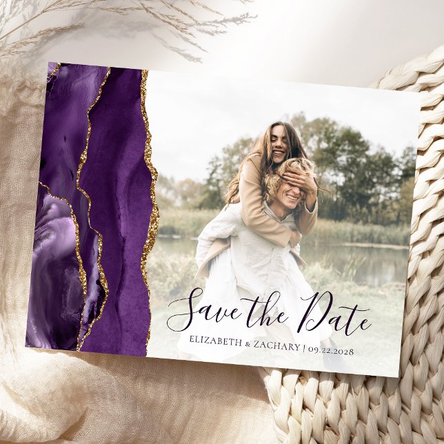 Lila Gold Agate Custom Foto Save the Date Postkarte (Von Creator hochgeladen)