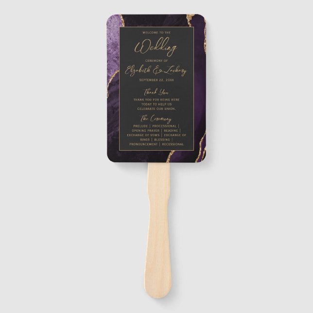 Lila Gold Agate Dark Script-Hochzeitsprogramm Fächer (Vorderseite)