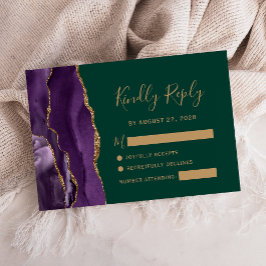 Lila Gold Agate Emerald Green Wedding RSVP Card Karte