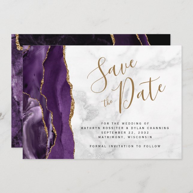 Lila Gold Agate Gray Marble Save the Date Karte (Vorne/Hinten)