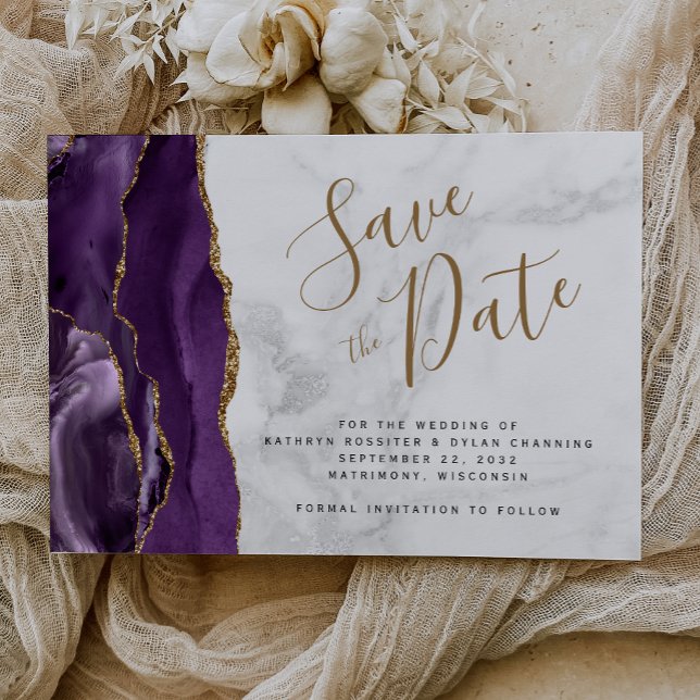 Lila Gold Agate Gray Marble Save the Date Karte (Von Creator hochgeladen)