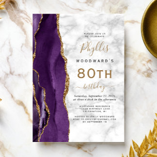 Lila Gold Agate Marble 80. Geburtstagsparty Einladung