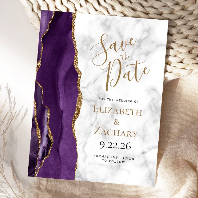 Lila Gold-Agate-Marmor Save the Date Ankündigungspostkarte (Von Creator hochgeladen)