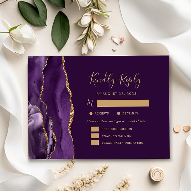 Lila Gold Agate Meal Optionen Plum Wedding RSVP Karte (Von Creator hochgeladen)