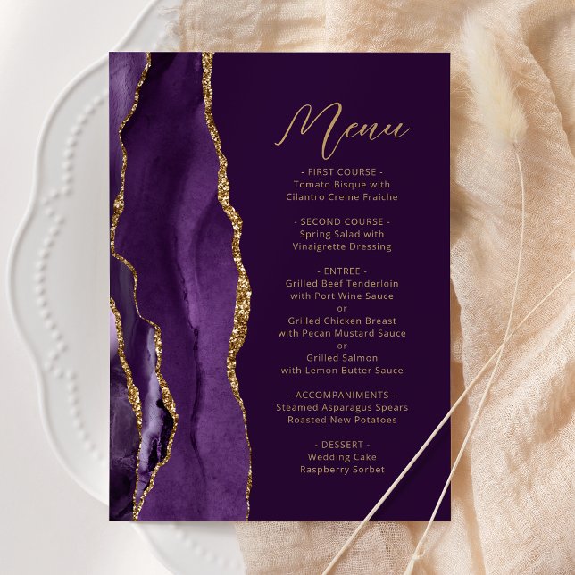 Lila Gold Agate Moderne Script Plum Hochzeit Menükarte (Von Creator hochgeladen)