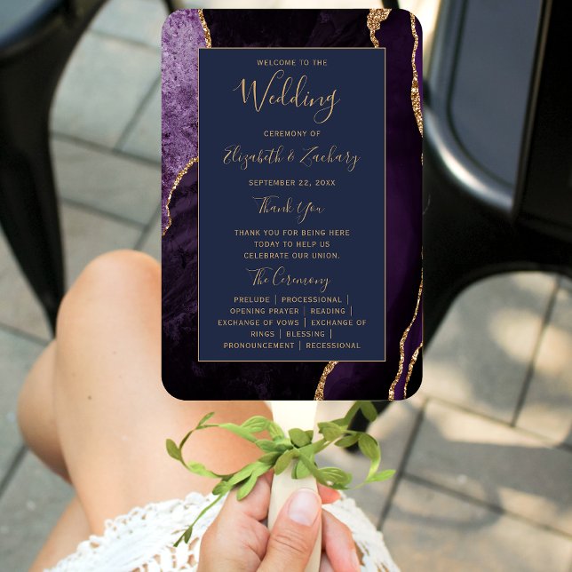 Lila Gold Agate Navy Blue Wedding Program Fächer (Von Creator hochgeladen)