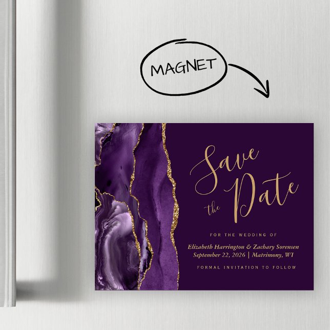 Lila Gold Agate Plum Magnetic Save the Date Magnetkarte (Von Creator hochgeladen)