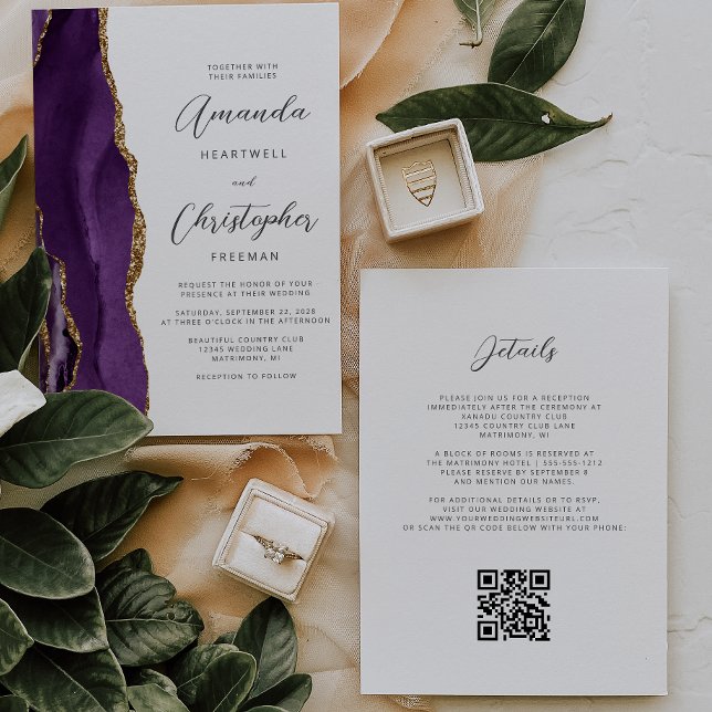 Lila Gold Agate QR Code Wedding Einladung (Von Creator hochgeladen)
