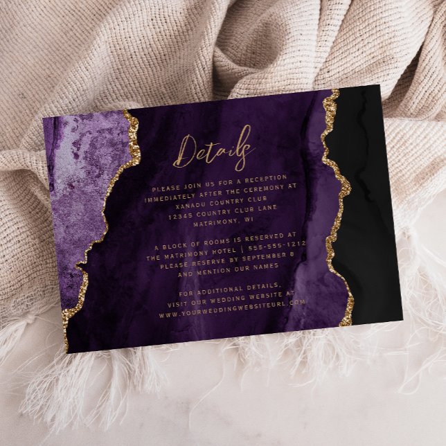 Lila Gold-Agate-Script-Hochzeitdetails Begleitkarte (Von Creator hochgeladen)