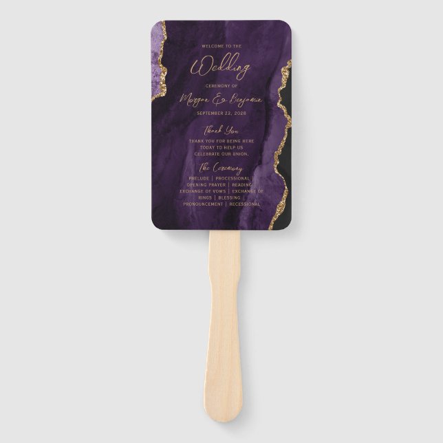 Lila Gold Agate Script-Hochzeitsprogramm Fächer (Vorderseite)