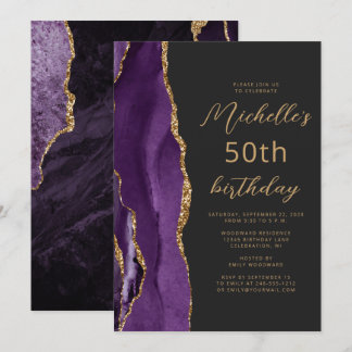 Lila Gold Agate Slate Script 50. Geburtstag Einladung