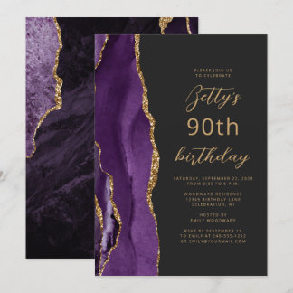 Lila Gold Agate Slate Script 90. Geburtstag Einladung