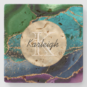 Lila Gold Aqua Green Monogram Steinuntersetzer