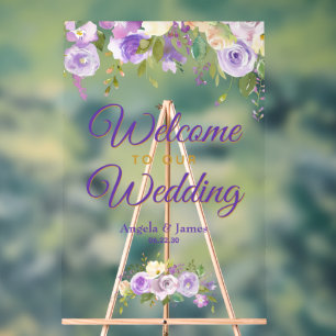 Lila Gold Aquarell Blumen Hochzeit Willkommen Acrylschild