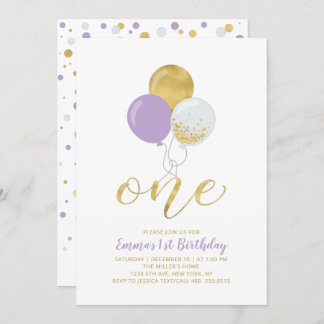 Lila & Gold Ballons 1. Geburtstagsparty Einladung