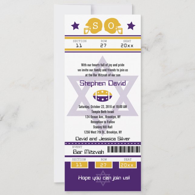 Lila Gold Bar Mitzvah Football Ticket Einladung (Vorderseite)