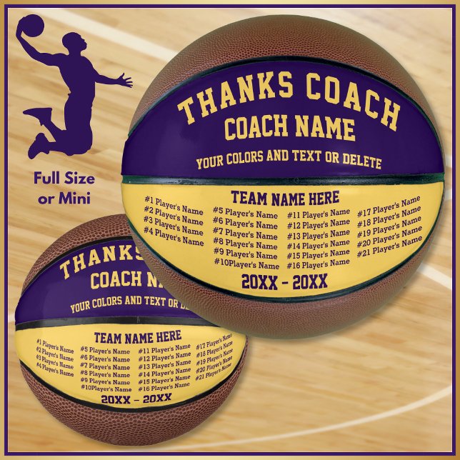 Lila, Gold Basketball Trainer Geschenke (Purple and Gold, Gift Ideas for Basketball Coaches. Personalized Basketballs with ALL Players Names.)