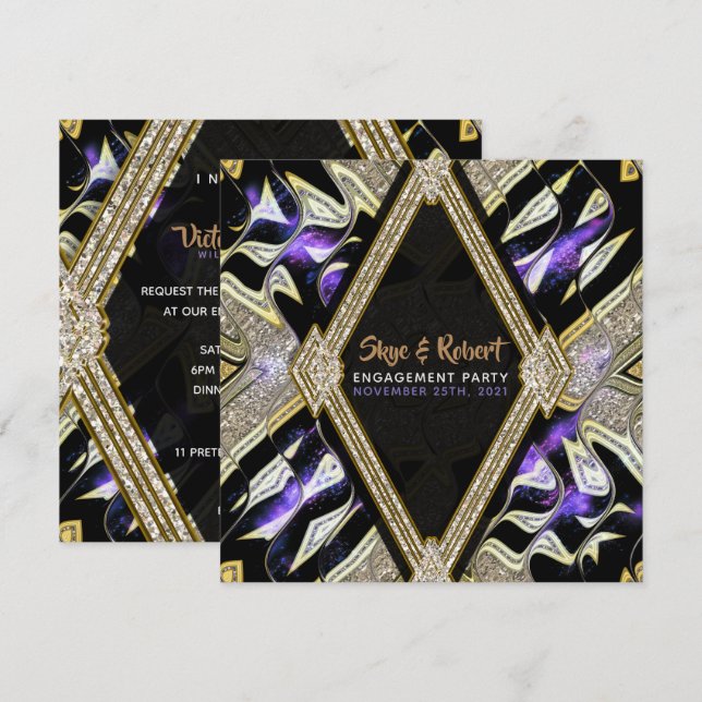Lila Gold & Black Glamour Engagement Party Einladung (Vorne/Hinten)