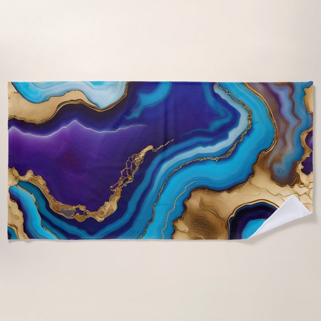 Lila Gold Blue Agate Marble Modernes Design Strandtuch (Vorderseite)