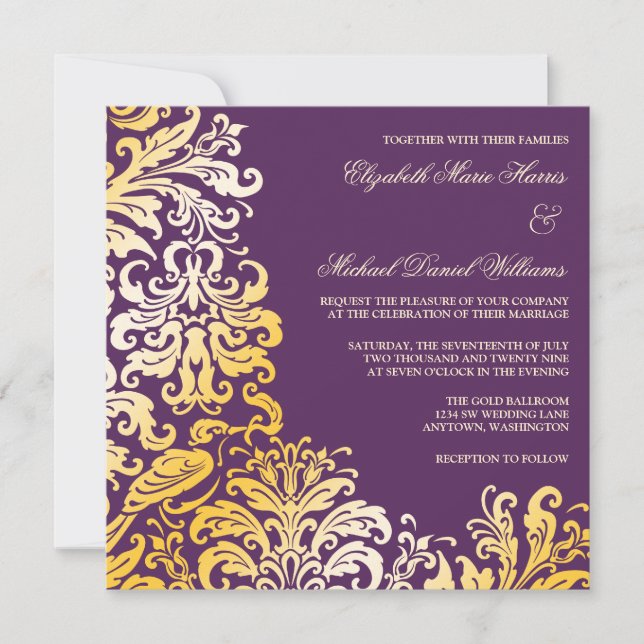 Lila Gold Blüh Damask Hochzeitseinladungen Einladung (Vorderseite)