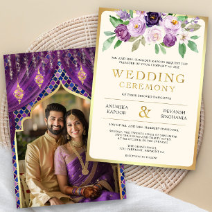 Lila Gold Blumen Indisch Hindu Foto Hochzeit Einladung