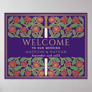 Lila Gold Blumen Königliche Hochzeits Begrüßungsta Poster