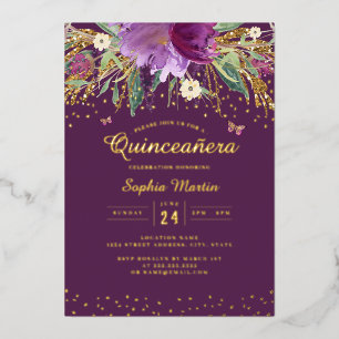 Lila Gold Blumen Schmetterling Quinceanera Folieneinladung