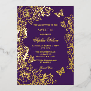 Lila Gold Blumen Schmetterling Sweet 16 Folieneinladung