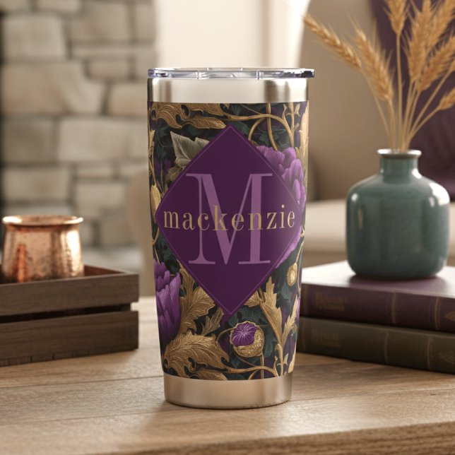 Lila Gold Blumen William Morris Elegantes Monogram Thermobecher (Von Creator hochgeladen)