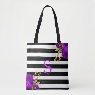 Lila Gold Blumenmonogramm Schwarz-Weiß-Streifen
