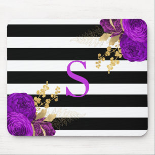 Lila Gold Blumenmonogramm Schwarz-Weiß-Streifen Mousepad