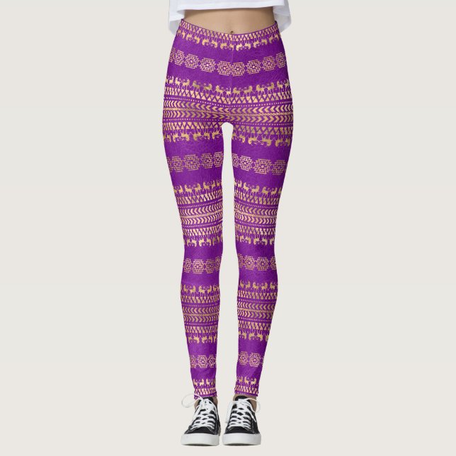 Lila-Gold-Bohemisches Einhornmuster Leggings (Vorderseite)