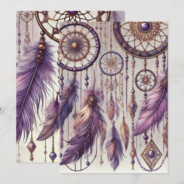 Lila & Gold Boho Dreamcatcher-Muster Einladung (Vorne/Hinten)