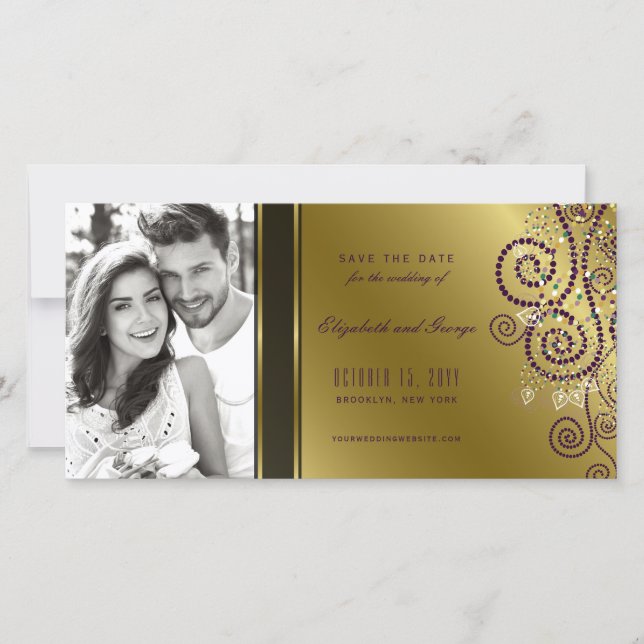 Lila & Gold Boho Spiral Dots Elegantes Foto Save The Date (Vorderseite)