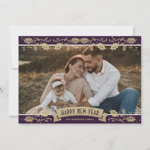 Lila Gold Botanische Foto Neujahrskarte Feiertagskarte