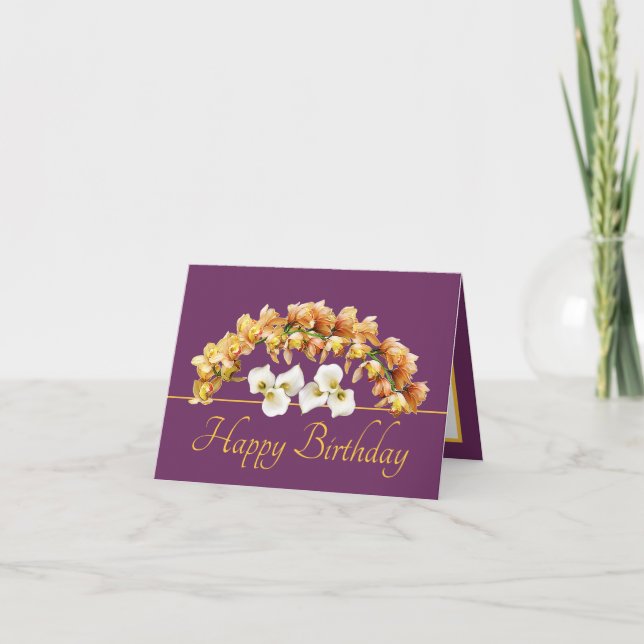 Lila Gold Bouquet Orchids Lilies Happy Birthday Karte (Vorderseite)