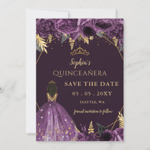 Lila Gold Brauner Prinzessin Floral Quinceañera Save The Date
