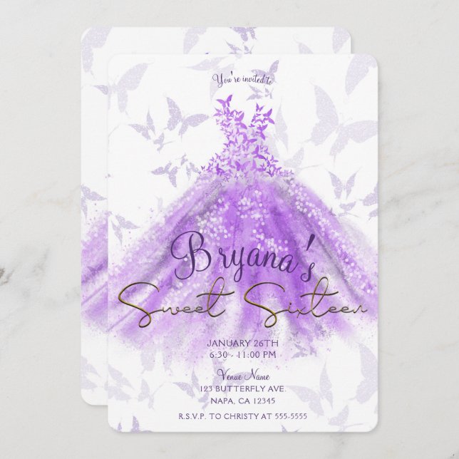 Lila Gold Butterfly Dance Dress Sweet 16 Party Einladung (Vorne/Hinten)