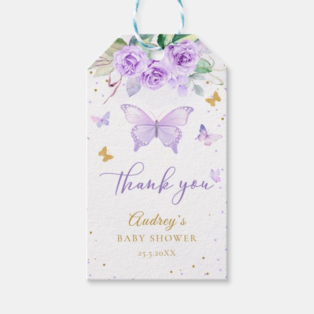 Lila Gold Butterfly Floral Baby Dusche Geschenkanhänger (Vorderseite)