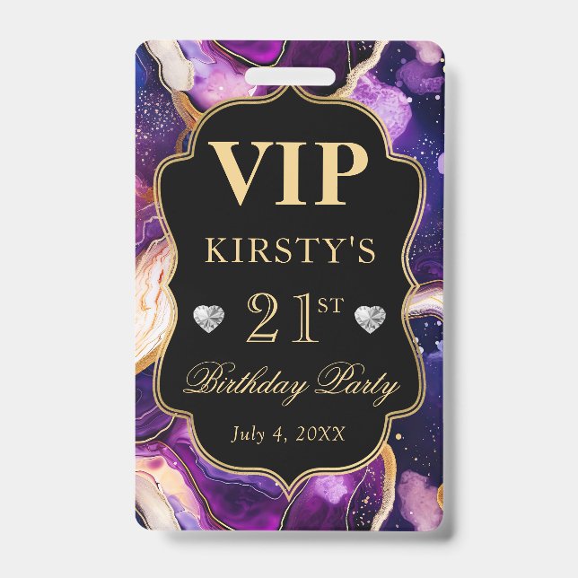 Lila Gold Celestial Glitzer Agate Birthday VIP Ausweis (Vorderseite)