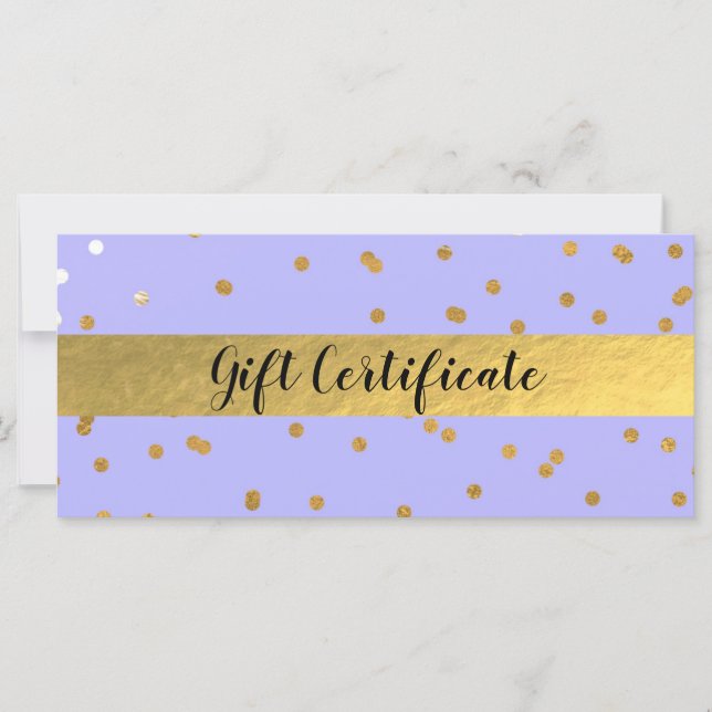 Lila & Gold Confetti Dots Glam Geschenkgutschein (Vorderseite)
