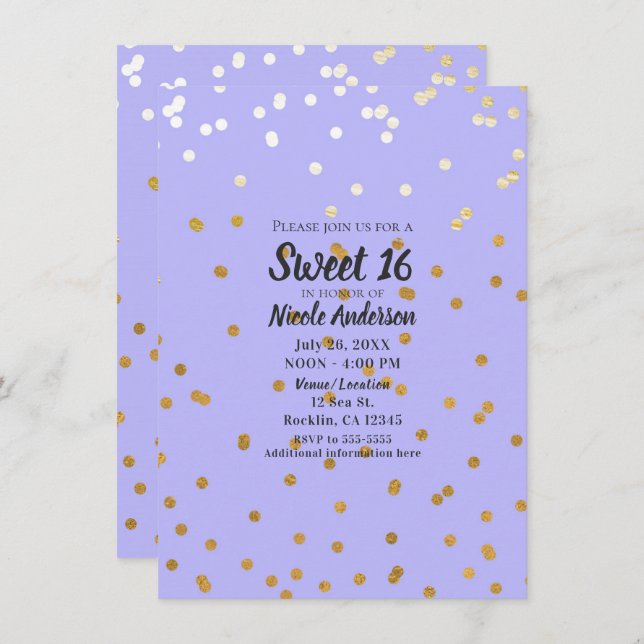 Lila & Gold Confetti Dots Moderner Glamour Glam Einladung (Vorne/Hinten)