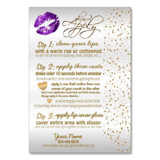 Lila & Gold Confetti Lip Instructions - White Tischnummer (Vorderseite)