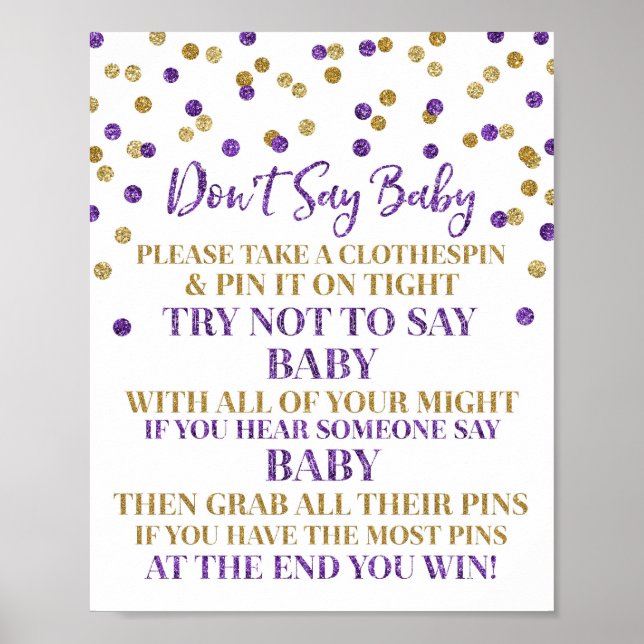 Lila Gold Confetti Sage kein Baby Game Sign Poster (Vorne)