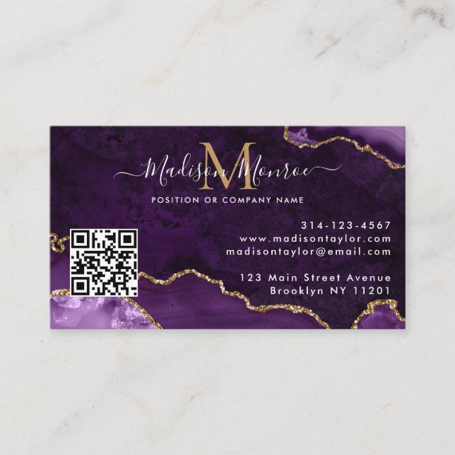 Lila Gold Custom Logo QR Code Agate Monogram Visitenkarte (Vorderseite)