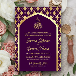 Lila Gold Diamanten Bogen Muslimische Hochzeit Einladung