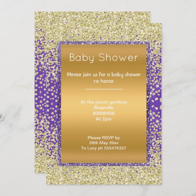 LILA GOLD DIAMOND ELEGANT BABY SHOWER EINLADUNG (Vorne/Hinten)
