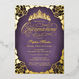 Lila Gold Elegante Script Rose Quinceanera Folieneinladung
